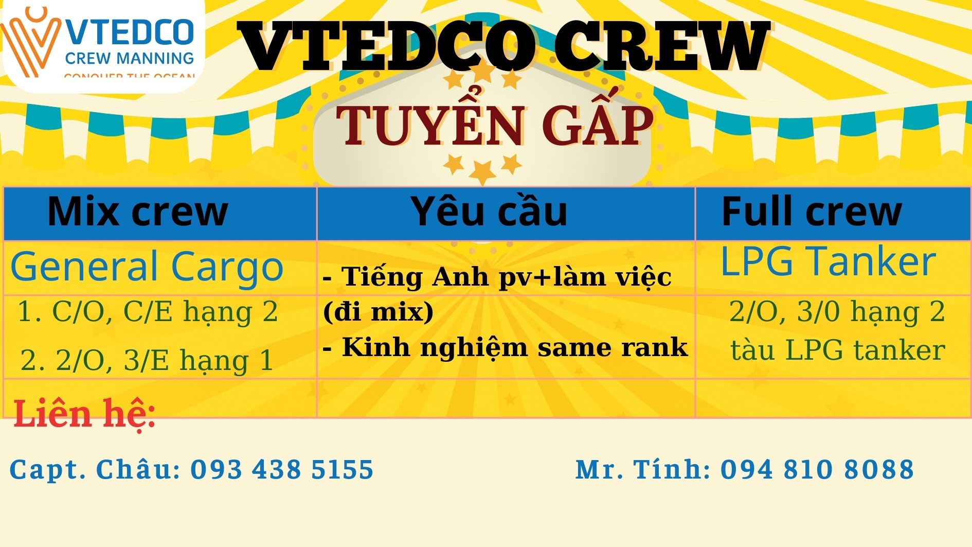 TUYỂN GẤP CÁC CHỨC DANH CHO CÁC TÀU ĐI MIX TÀU HẠNG 1, HẠNG 2, ĐI FULL- NHẬP TÀU: T04 - 05/2023