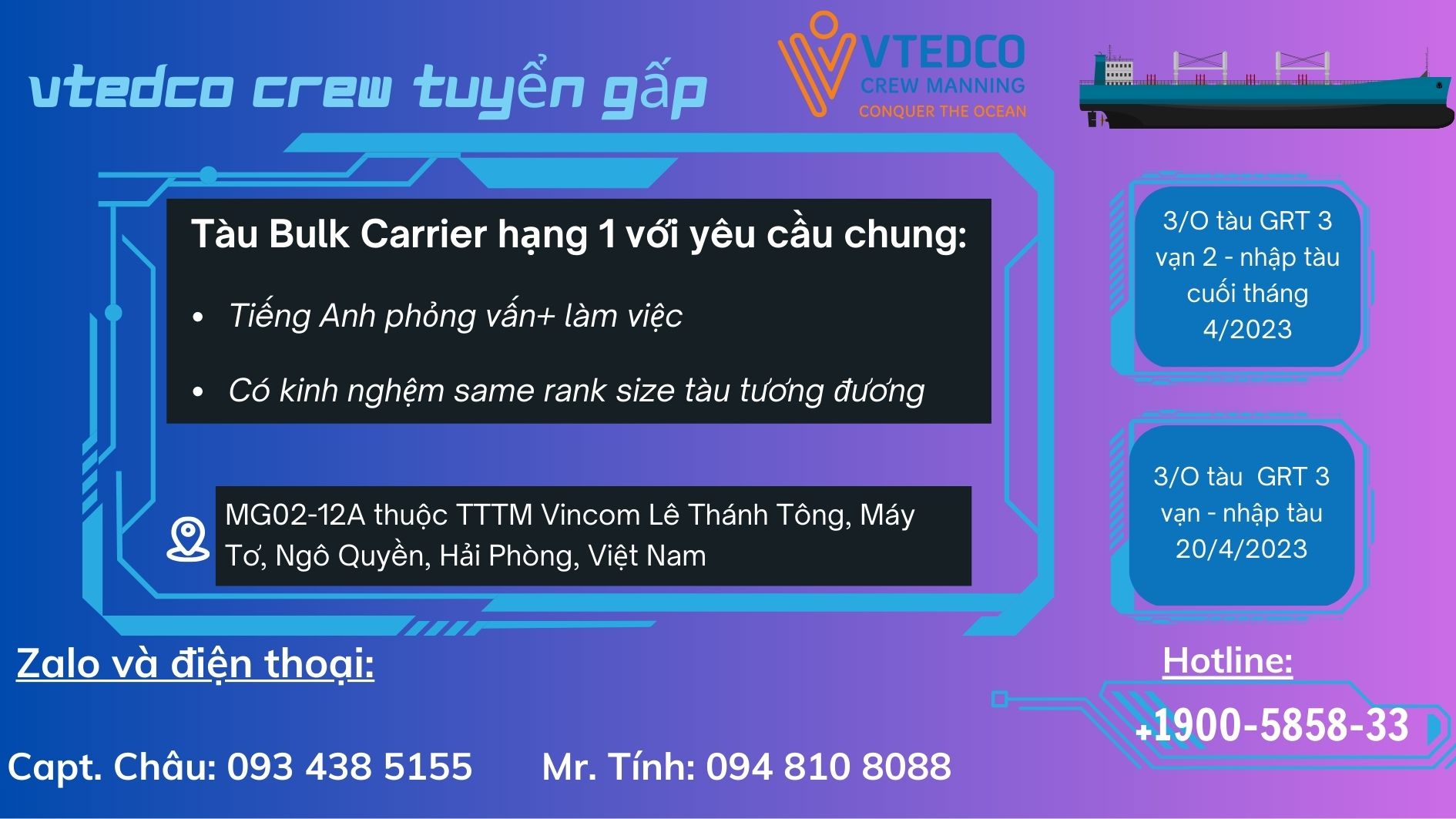 TUYỂN GẤP CHỨC DANH 3/0 CHO CÁC TÀU HẠNG 1- NHẬP TÀU CUỐI THÁNG 4.2023