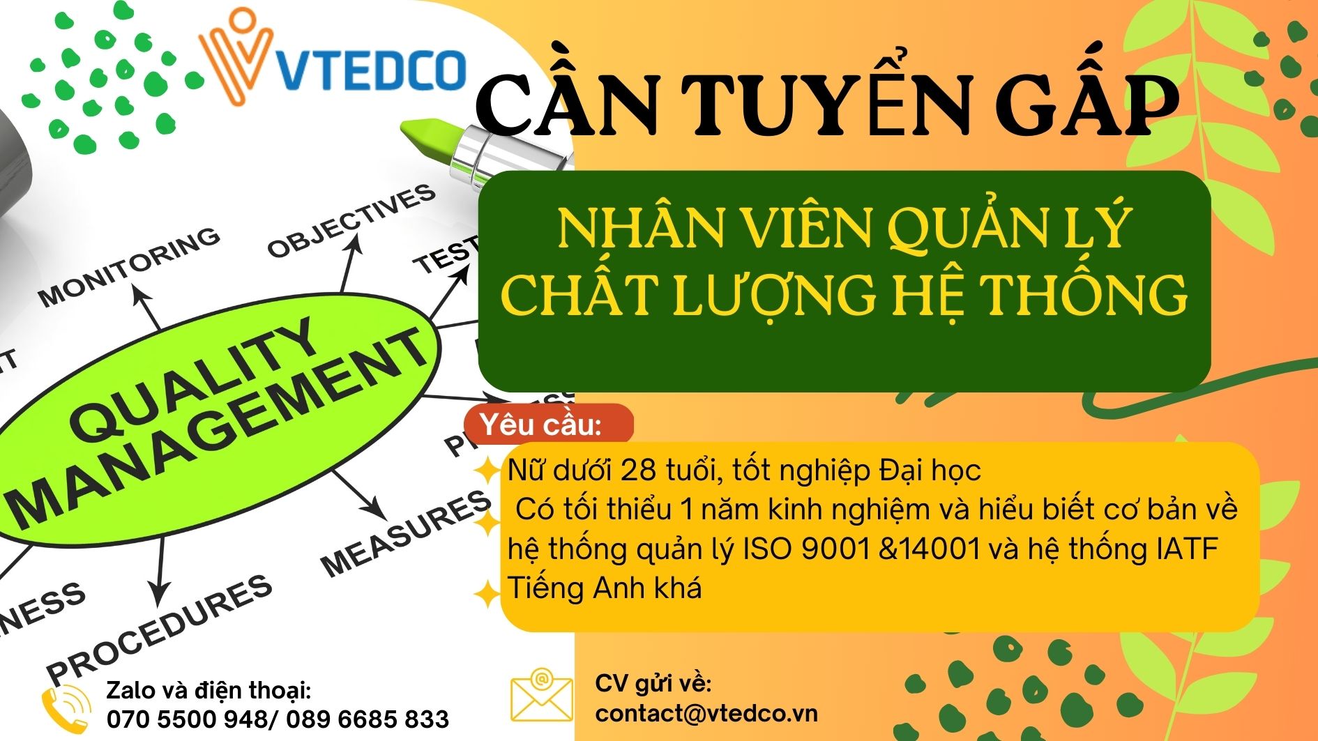 Tuyển dụng KCN Đình Vũ - Nhân viên quản lý chất lượng hệ thống ISO/IATF